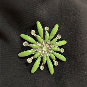 Green Floral Rhinestone Brooch Pin Vintage Style Statement Flower